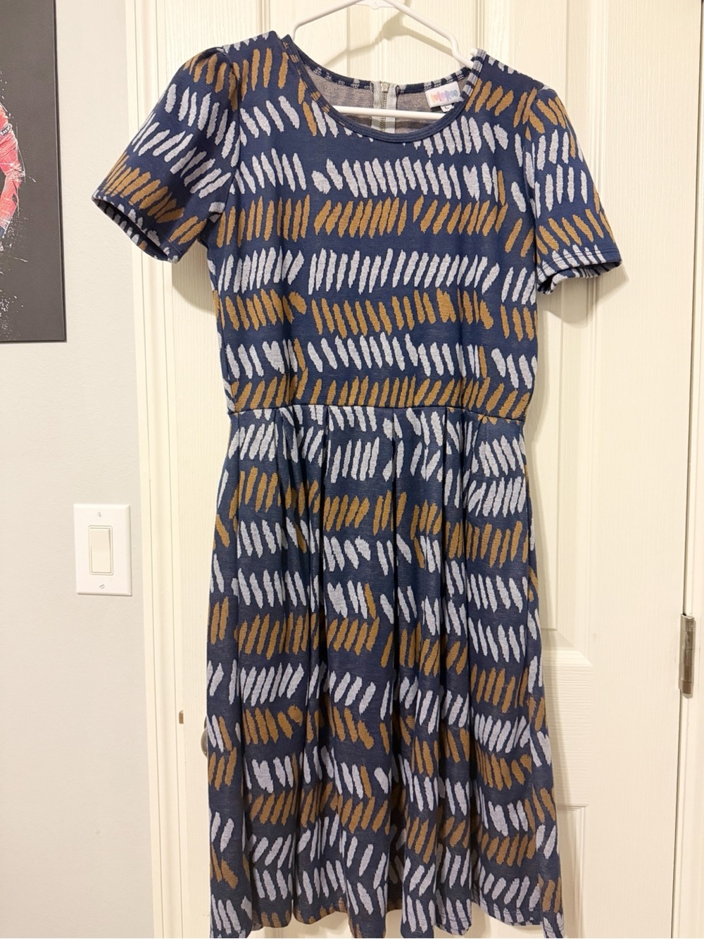 LuLaRoe Navy Dress with Mustard and Light Gray Brushstroke Print
